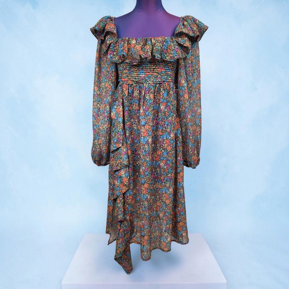 For Love & Lemons Floral Smocked Ruffle Midi Dress Multi-Color Small